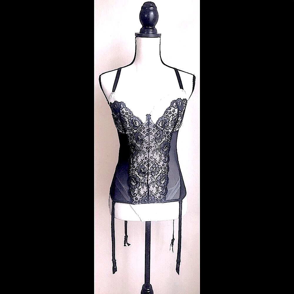 B&W Lace Corset Lingerie Bodice Piece w/ Garters (36C)